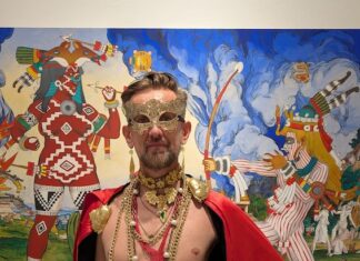 Felix d'Eon. Posing in front of the amazing art created as Chicome Itzcuintli Amatlapalli..jpeg