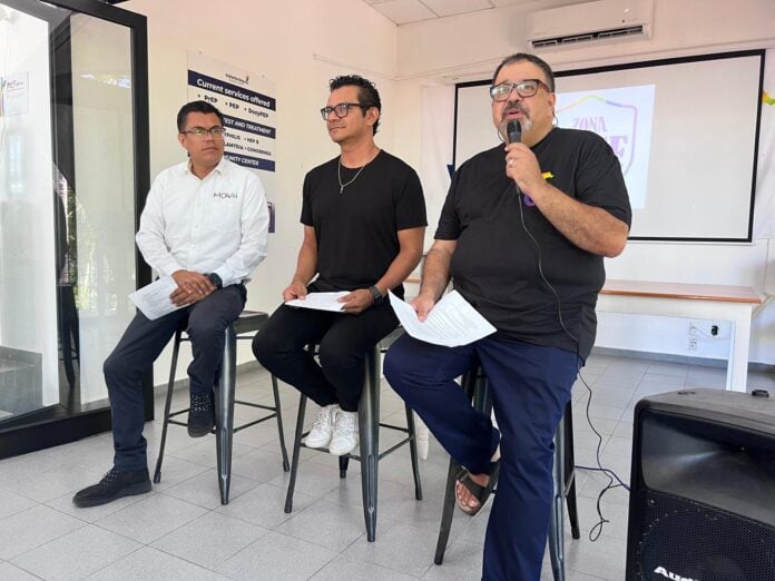 (left to right) Victor Espindola, with MOVII Mexico and part of the Vallarta LGBTQ+ Collective; Poncho Davalos and Pedro Lopez, executive director of the Gay+ Community Center. Photo by Jerry Jones