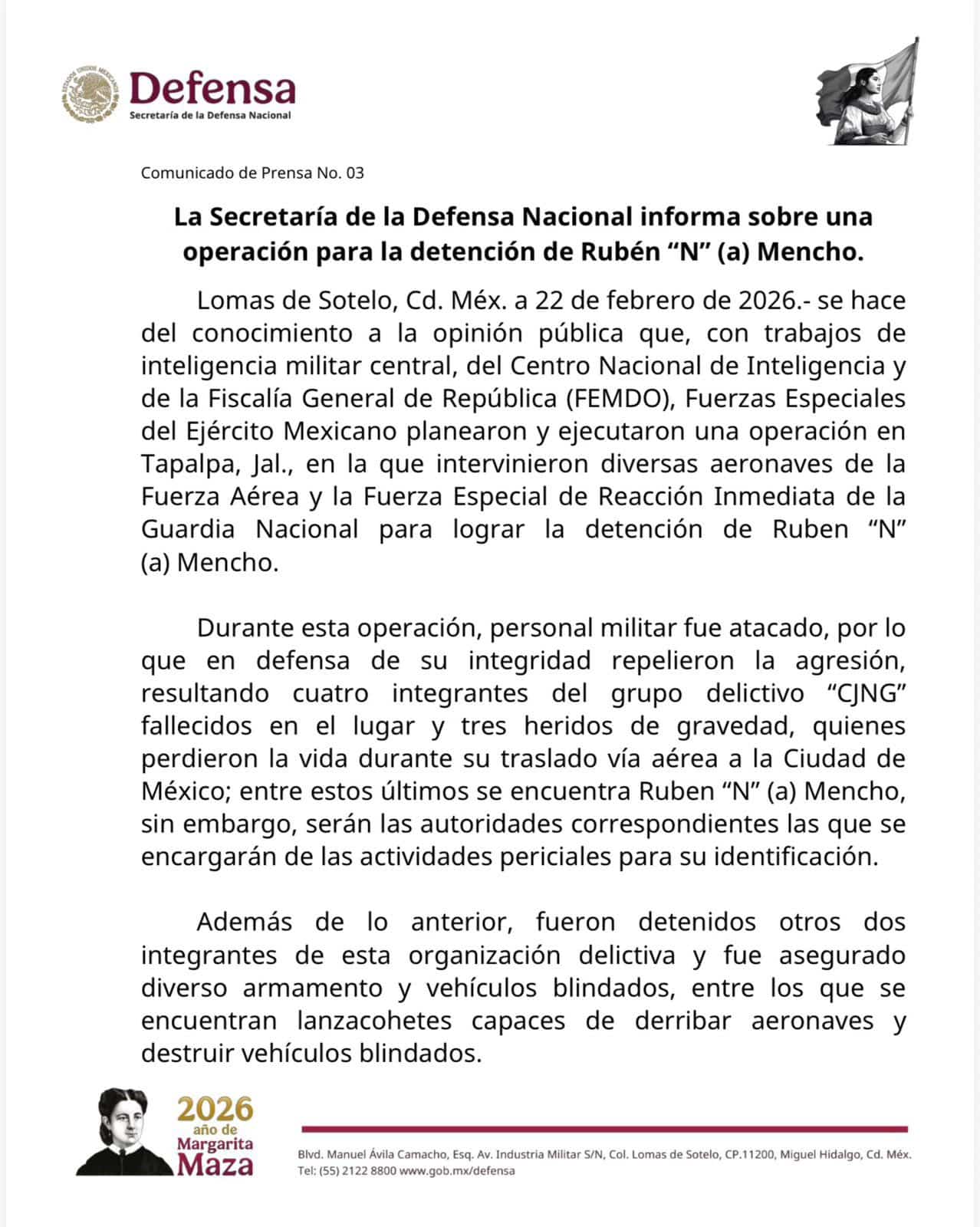 comunicado de prensa militar sobre la captura